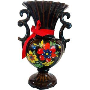 Vtg Hand Made Italy Colorful Painted design Brown Ceramic Vase Ornate READ